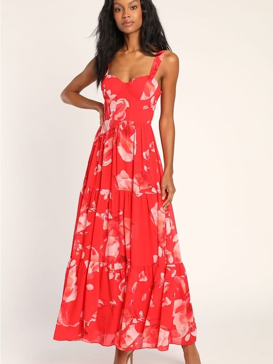 Lulus Dresses & Skirts - Lulus Red Pink Floral Bustier Tiered Maxi Dress Size Small